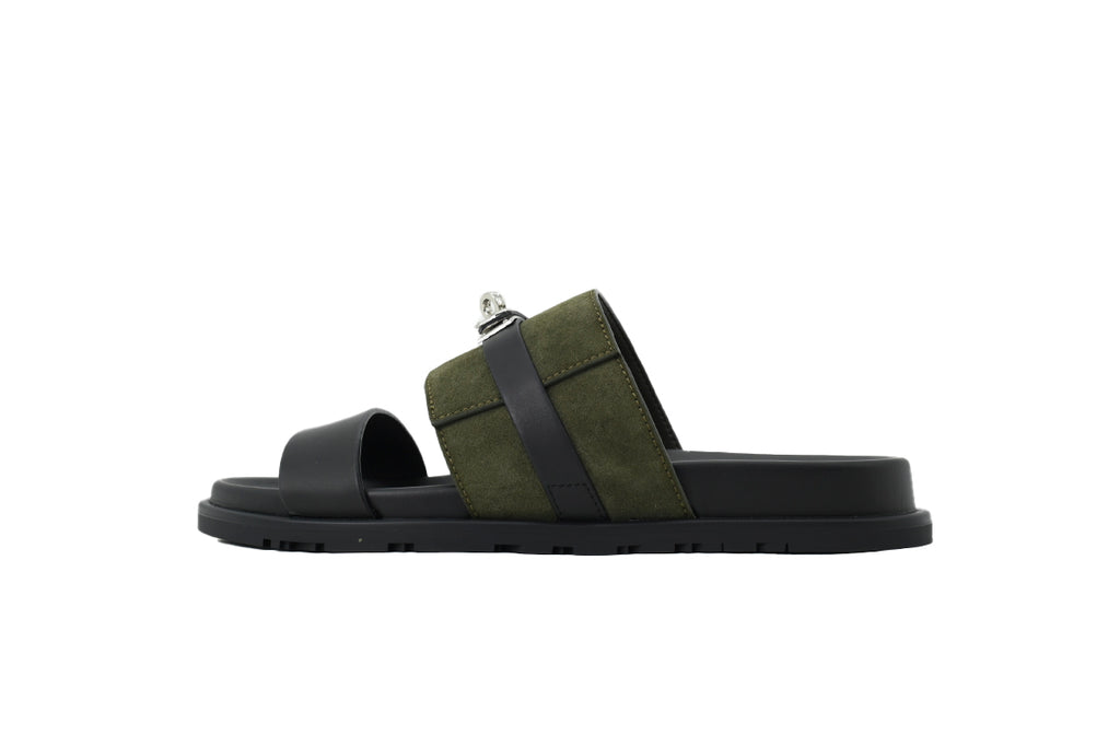 Hermès Slide Sandals in Olive Suede and Black Leather