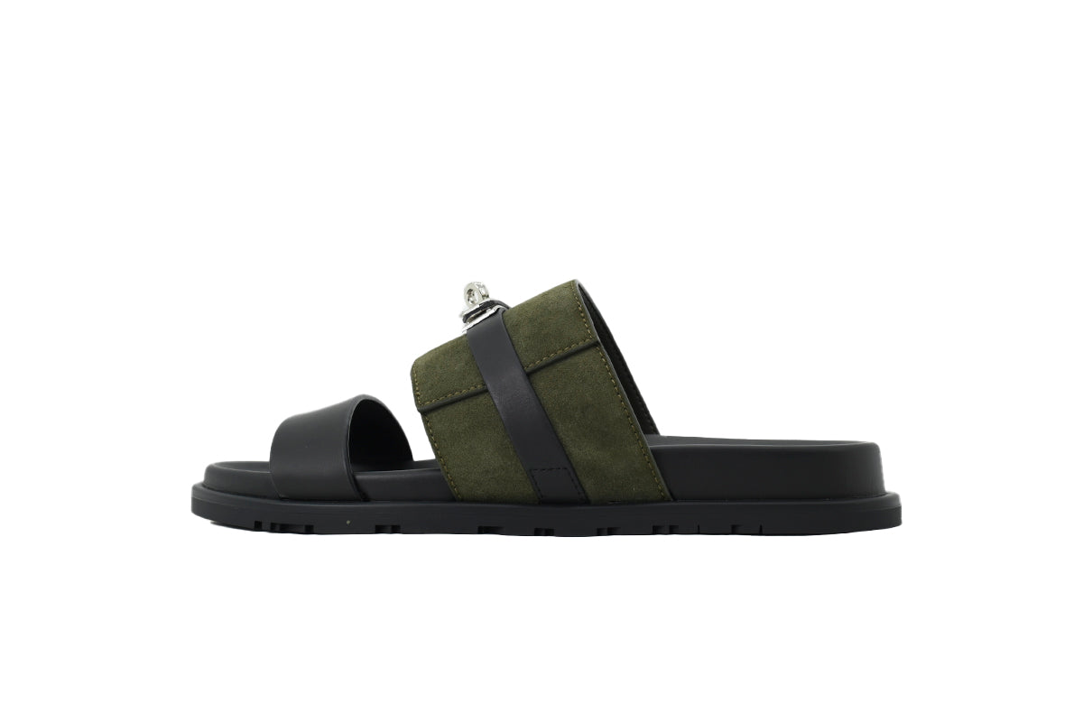 Hermès Slide Sandals in Olive Suede and Black Leather