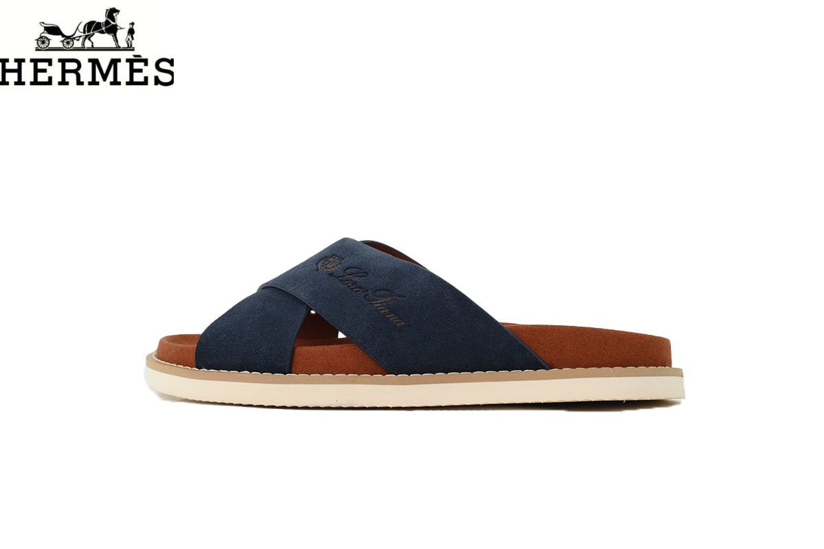 Loro Piana Navy Blue Suede Cross-Strap Slide Sandal