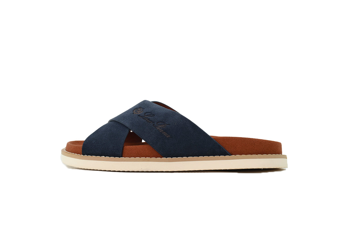 Loro Piana Cross-Strap Slide Sandals in Navy Suede