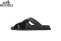 Hermès Black Leather and Suede Cross-Strap Slide Sandal