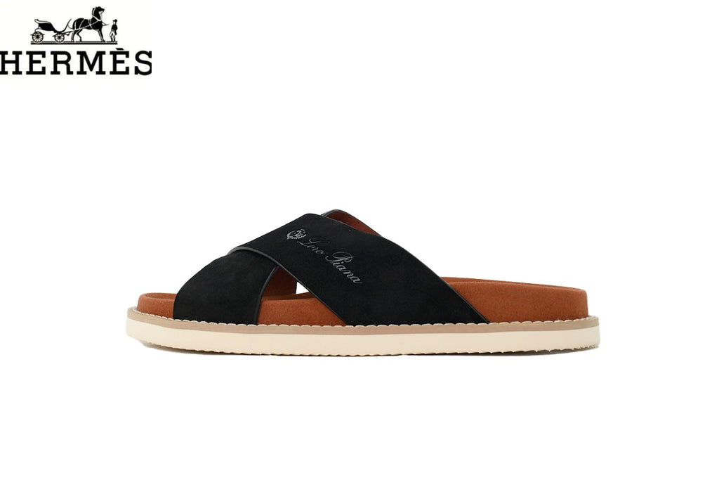 Loro Piana Black Suede Cross-Strap Slide Sandal