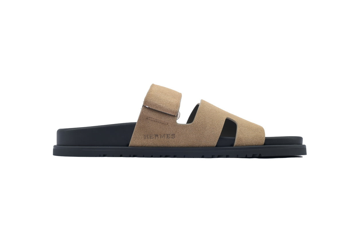 Hermès Chypre Slide Sandals in Khaki Suede