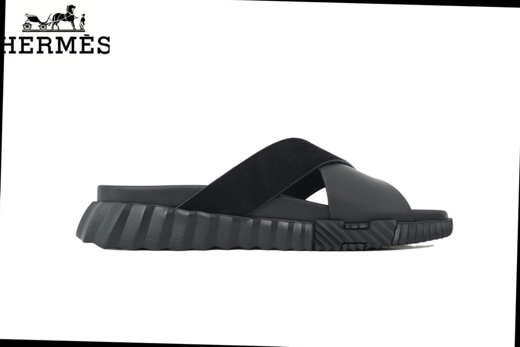 Hermès Black Leather and Suede Cross-Strap Platform Slide Sandal