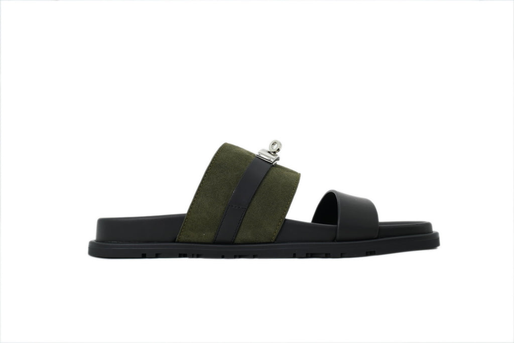 Hermès Slide Sandals in Olive Suede and Black Leather
