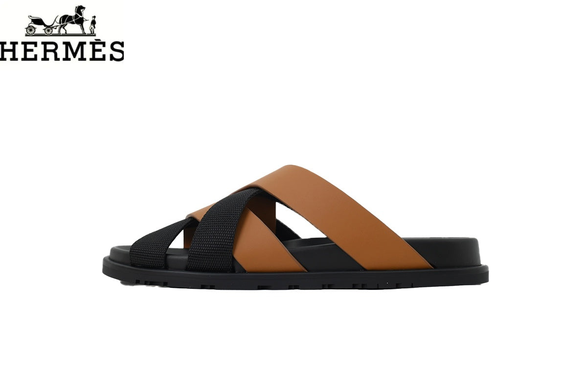 Hermès Tan Leather and Black Fabric Cross-Strap Slide Sandal