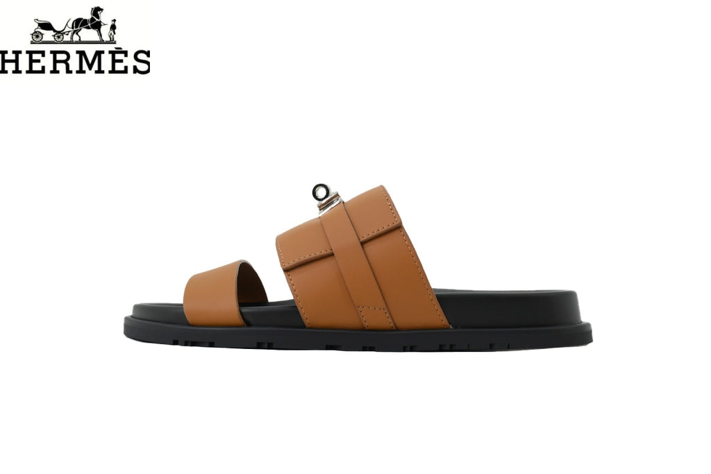 Hermès Tan Leather Dual-Strap Slide Sandal