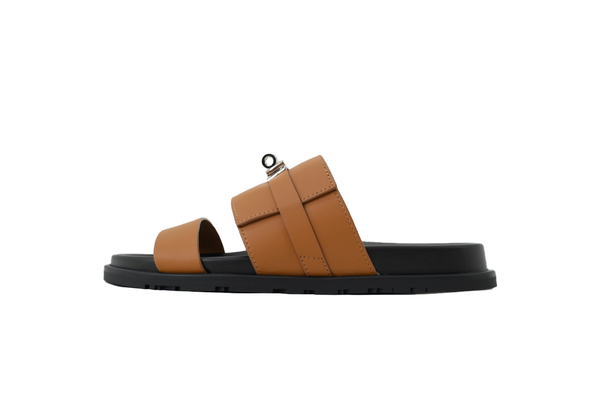 Loro Piana Single-Strap Slide Sandals in Tan Leather