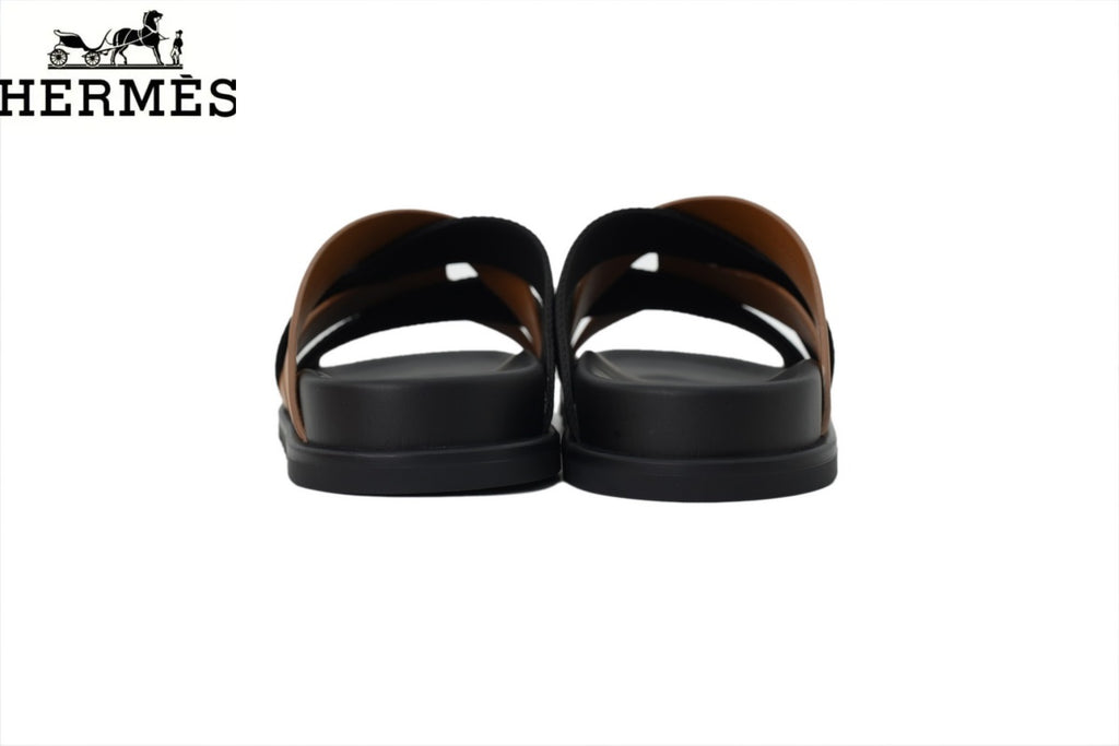 Hermès Tan Leather and Black Fabric Cross-Strap Slide Sandal