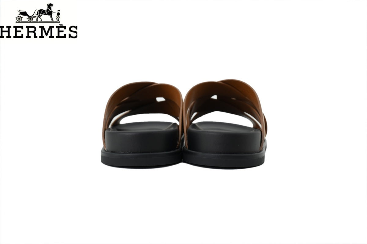 Hermès Tan Leather and Suede Cross-Strap Slide Sandal