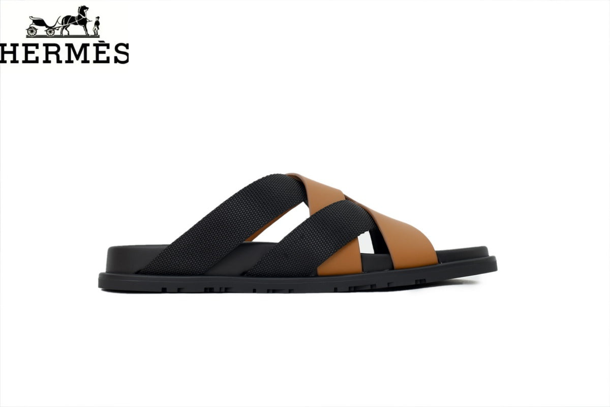 Hermès Tan Leather and Black Fabric Cross-Strap Slide Sandal