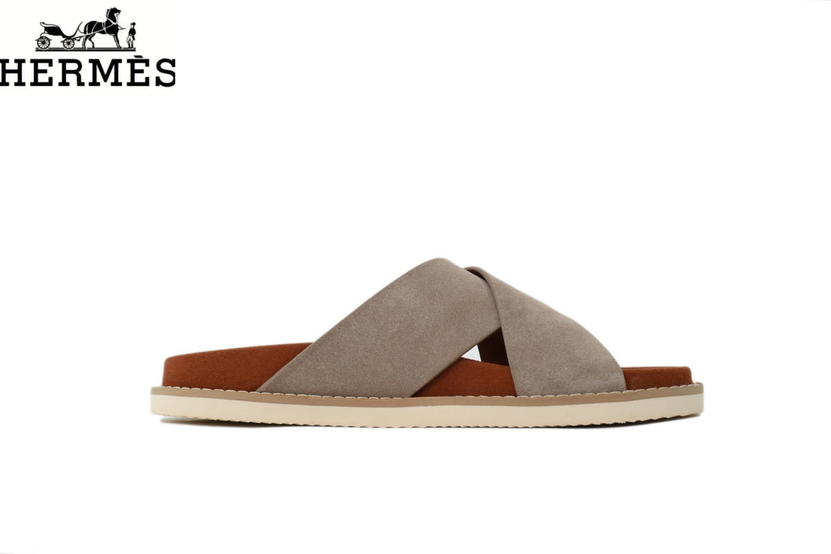 Loro Piana Light Grey Suede Cross-Strap Slide Sandal
