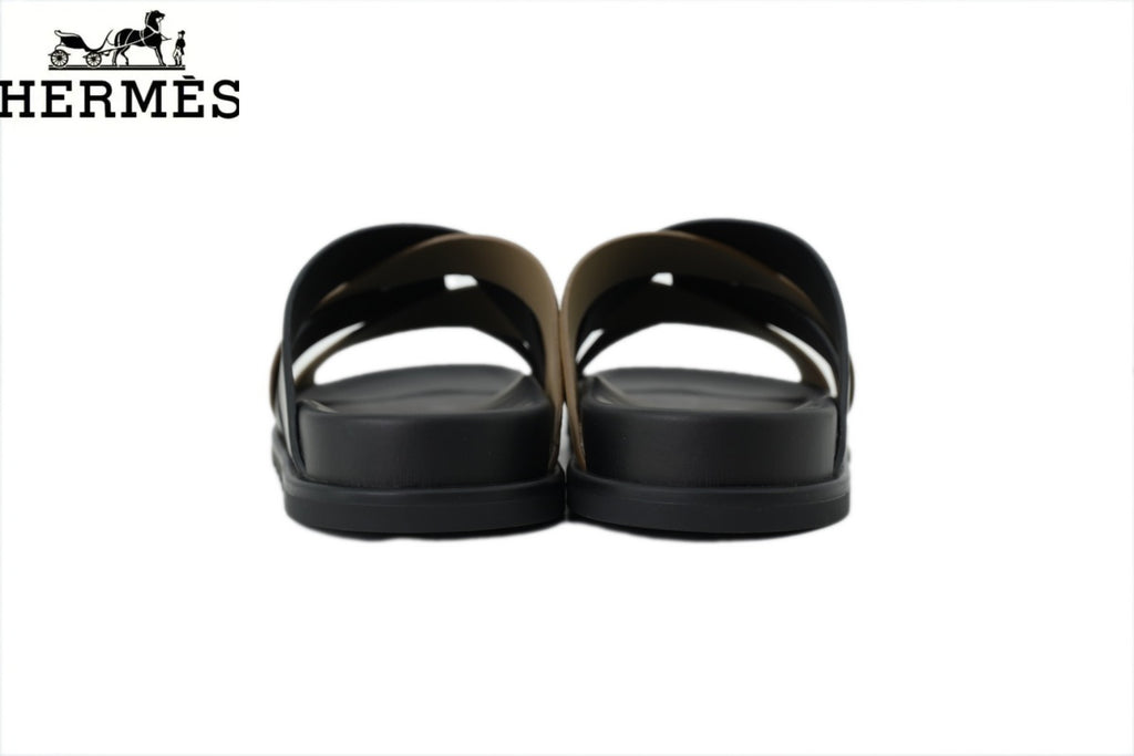 Hermès Black and Khaki Suede Cross-Strap Slide Sandal