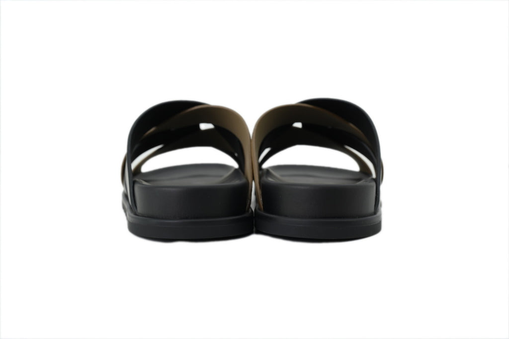 Hermès Cross-Strap Slide Sandals in Black and Khaki