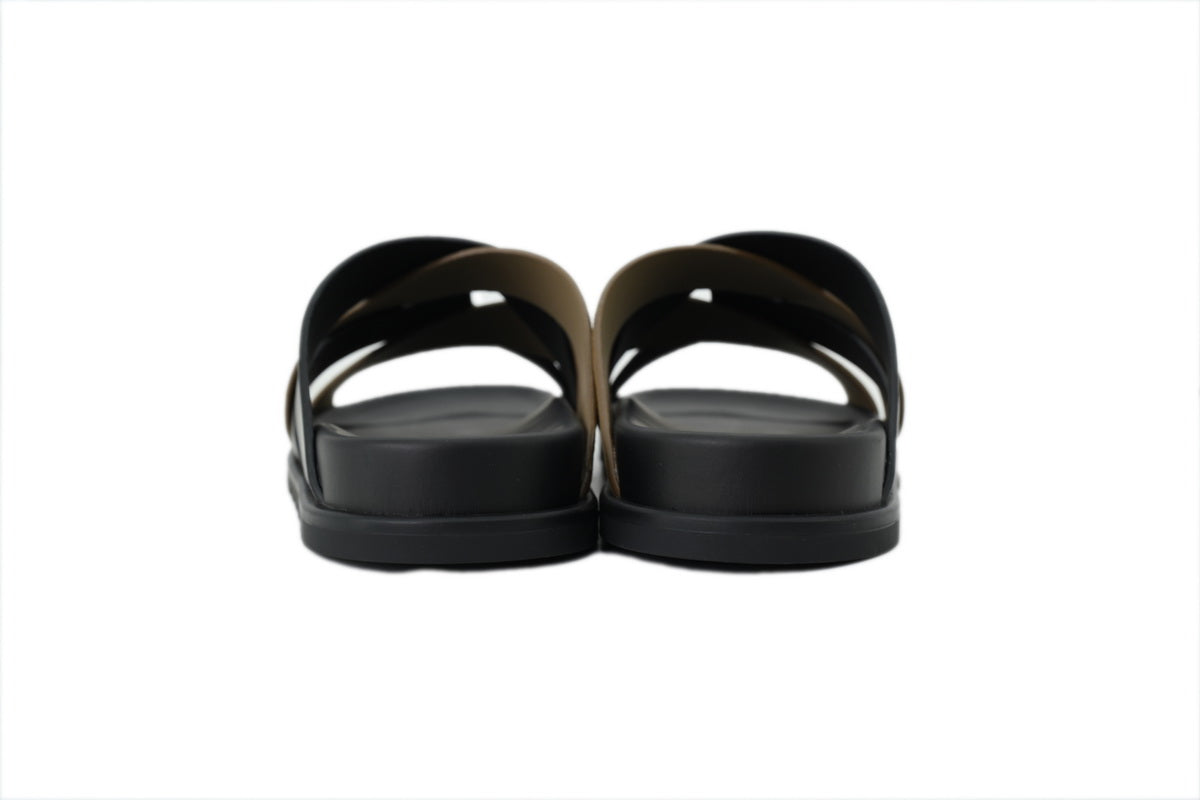 Hermès Cross-Strap Slide Sandals in Black and Khaki