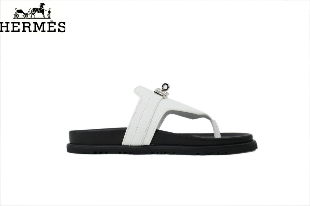 Hermès White Leather Flip-Flop Slide with Metal Buckle