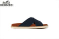 Loro Piana Navy Blue Suede Cross-Strap Slide Sandal