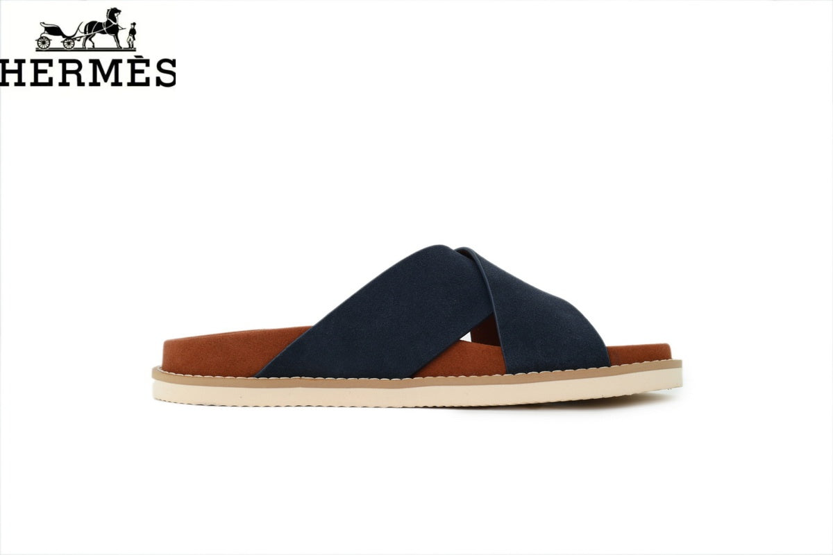 Loro Piana Navy Blue Suede Cross-Strap Slide Sandal