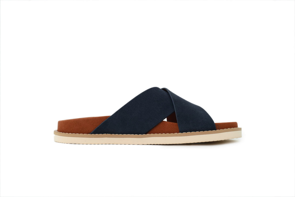 Loro Piana Cross-Strap Slide Sandals in Navy Suede