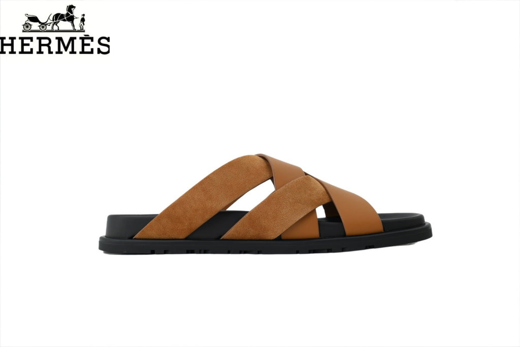 Hermès Tan Leather and Suede Cross-Strap Slide Sandal