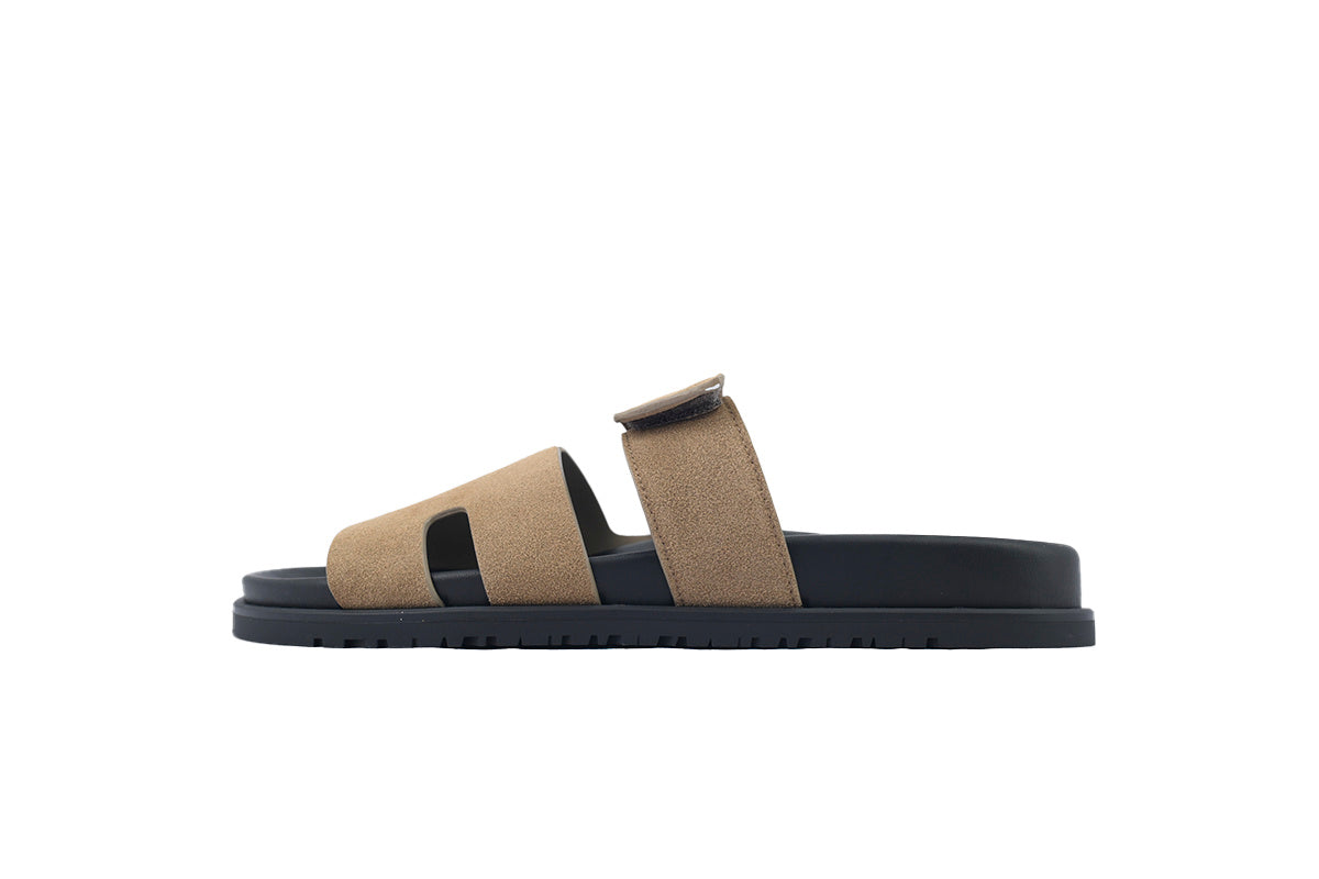 Hermès Chypre Slide Sandals in Khaki Suede