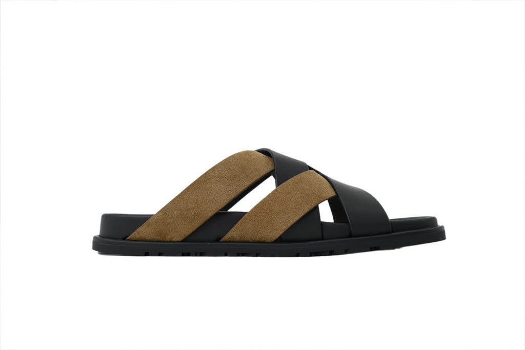 Hermès Cross-Strap Slide Sandals in Black and Khaki