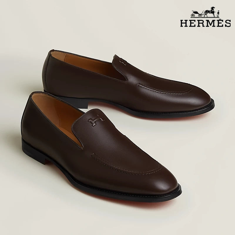 Hermès Dark Brown Smooth Leather Loafer with Embossed Logo