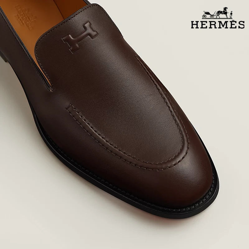 Hermès Dark Brown Smooth Leather Loafer with Embossed Logo