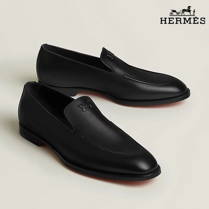 Hermès Black Smooth Leather Loafer with Embossed Logo