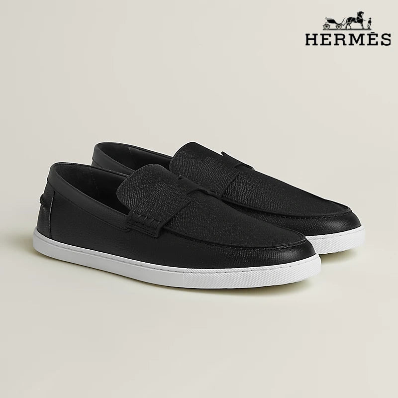Hermès Black Grain Leather Loafer with White Sole