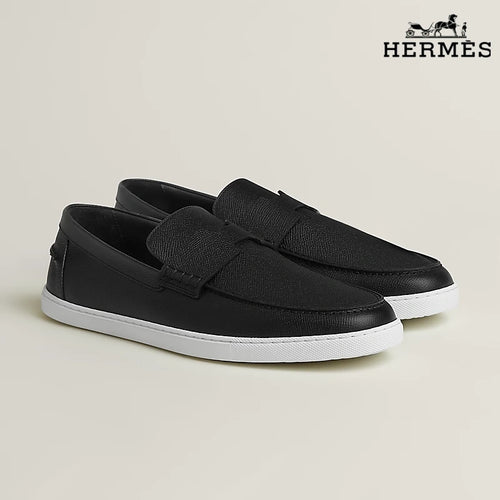 Hermès Black Grain Leather Loafer with White Sole