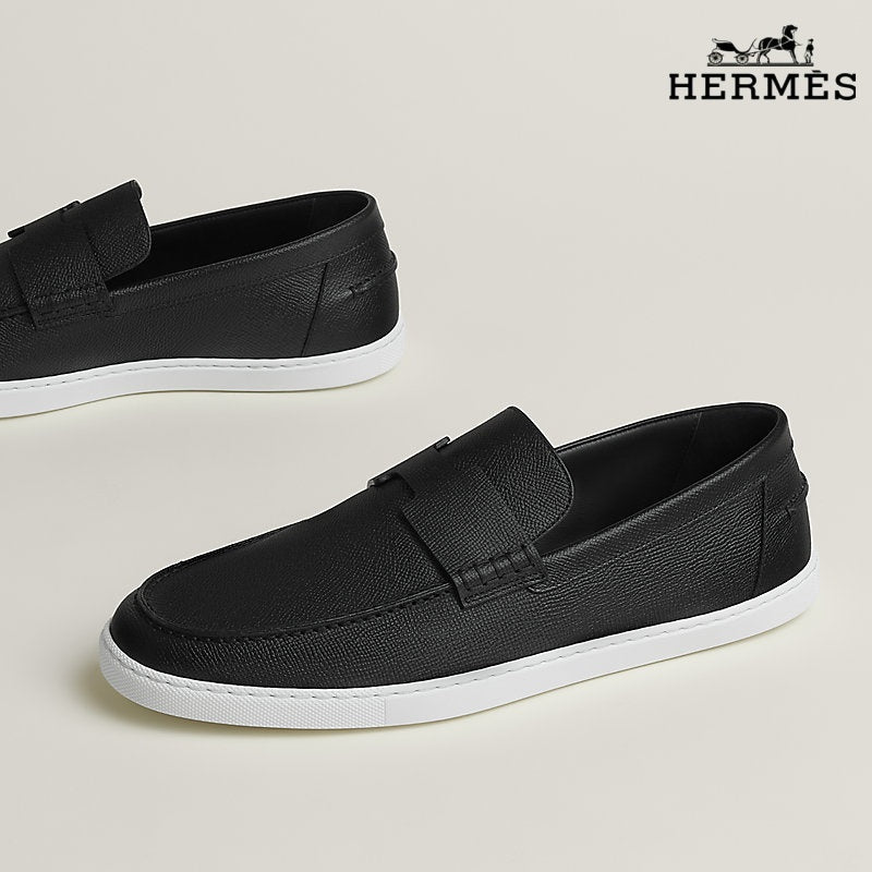 Hermès Black Grain Leather Loafer with White Sole
