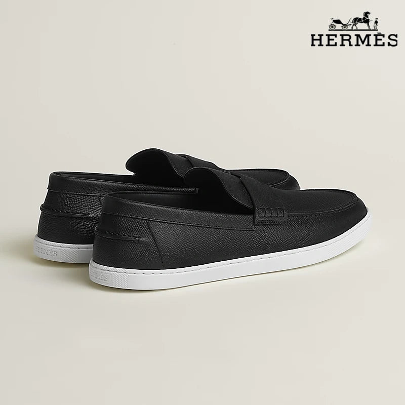Hermès Black Grain Leather Loafer with White Sole