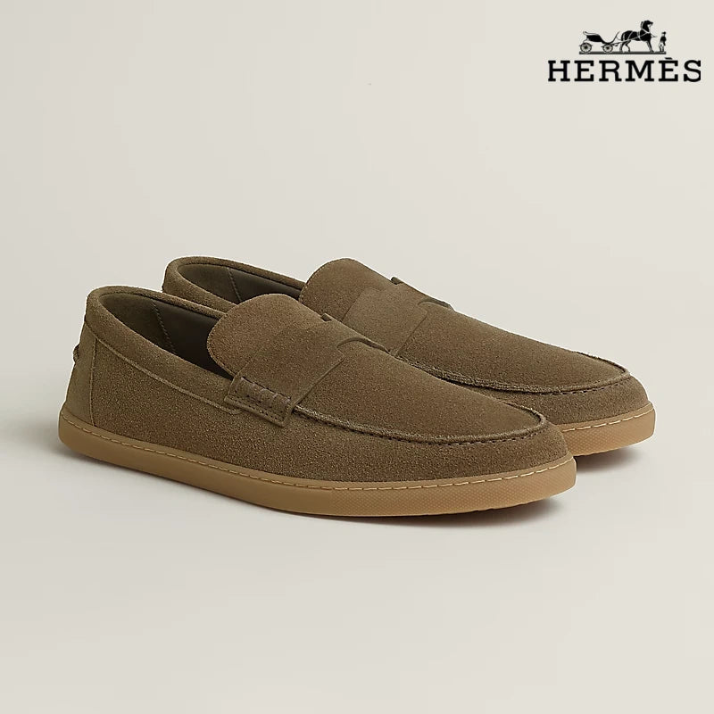 Hermès Khaki Suede Loafer with Gum Sole