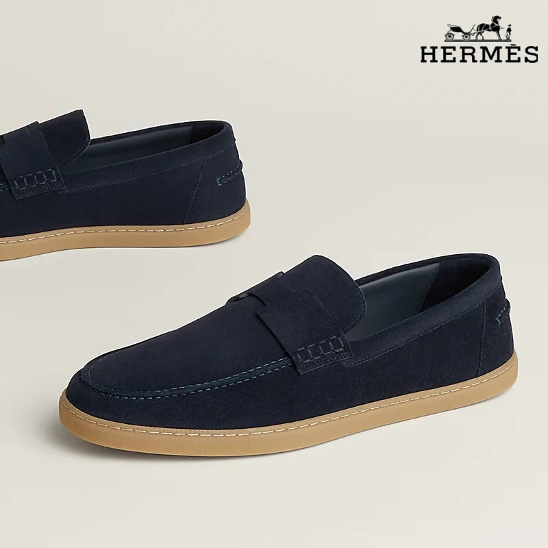 Hermès Navy Suede Loafer with Gum Sole