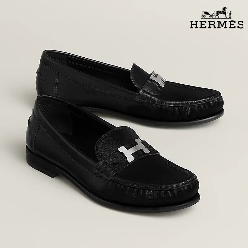 Hermès Black Leather Loafer with Silver H Buckle