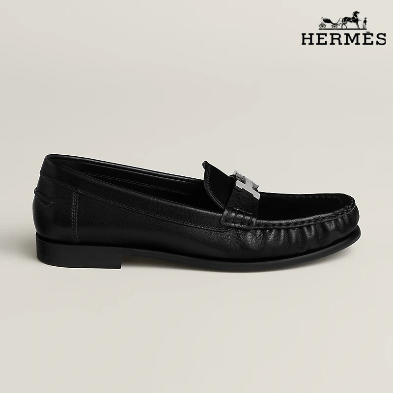 Hermès Black Leather Loafer with Silver H Buckle