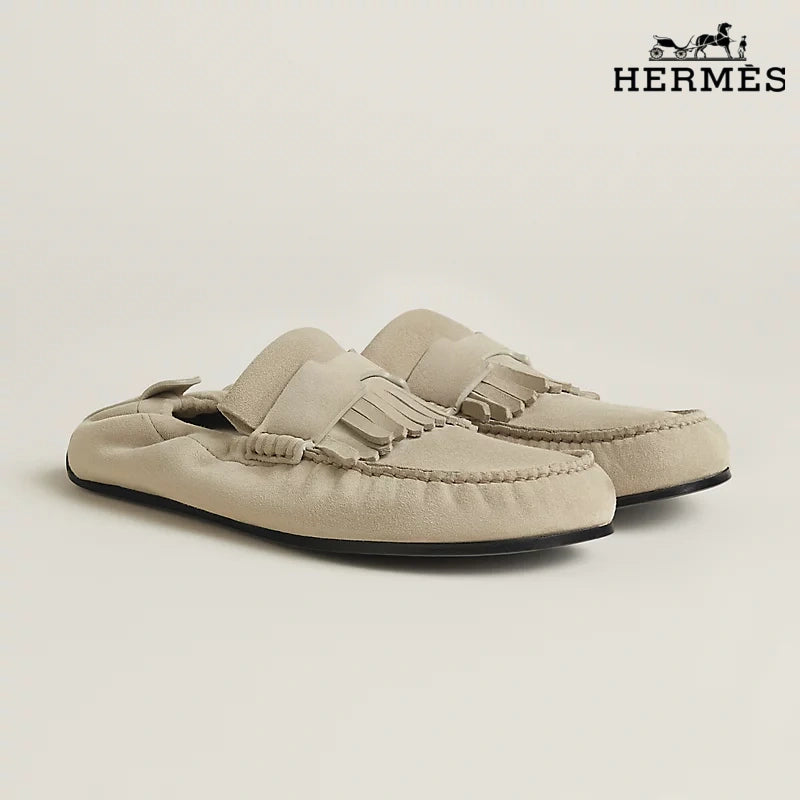 Hermès Beige Suede Mule Loafer with Tassel