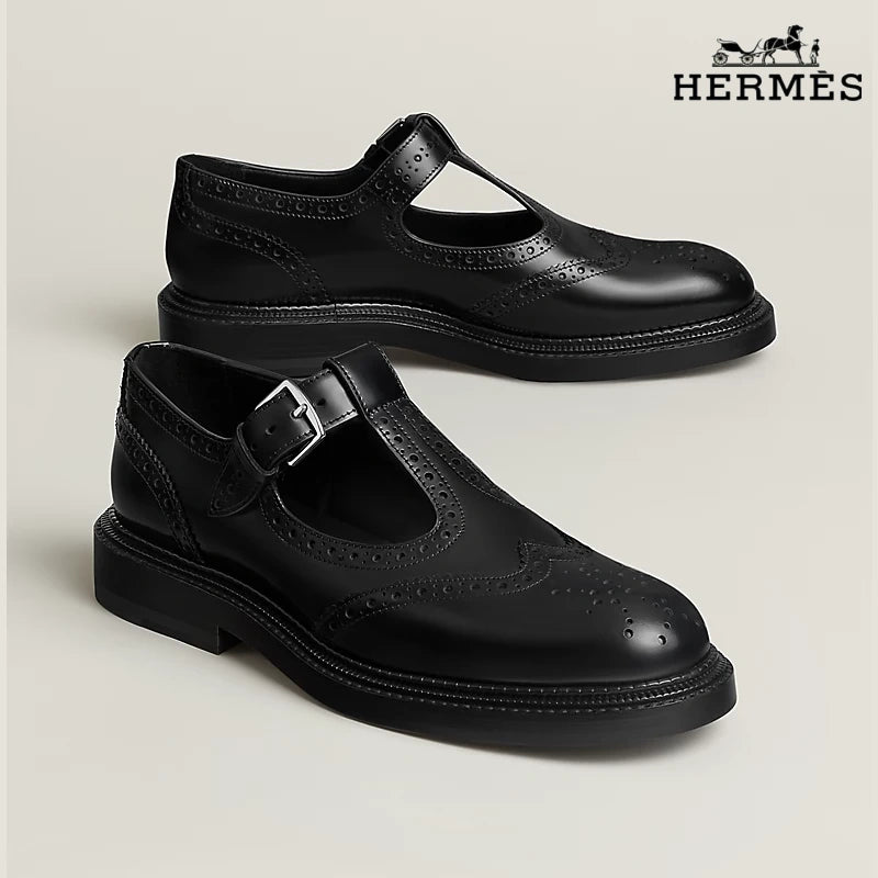 Hermès Black Leather T-Strap Brogue with Buckle