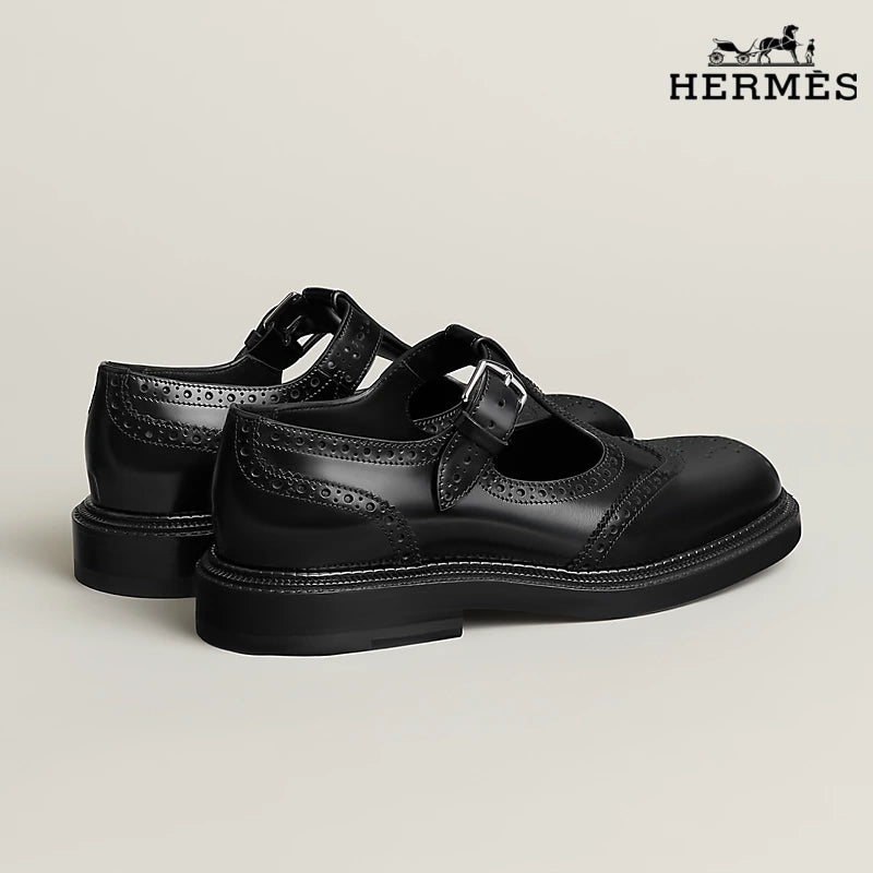 Hermès Black Leather T-Strap Brogue with Buckle