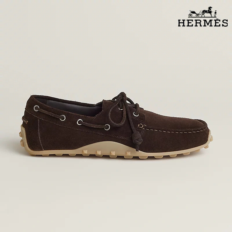 Hermès Dark Brown Suede Lace-Up Driving Shoe with Gum Sole