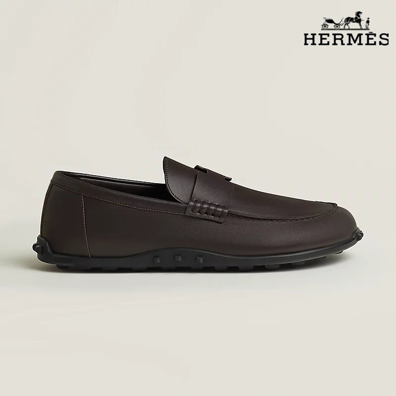 Hermès Dark Brown Leather Driving Loafer with Studded Sole