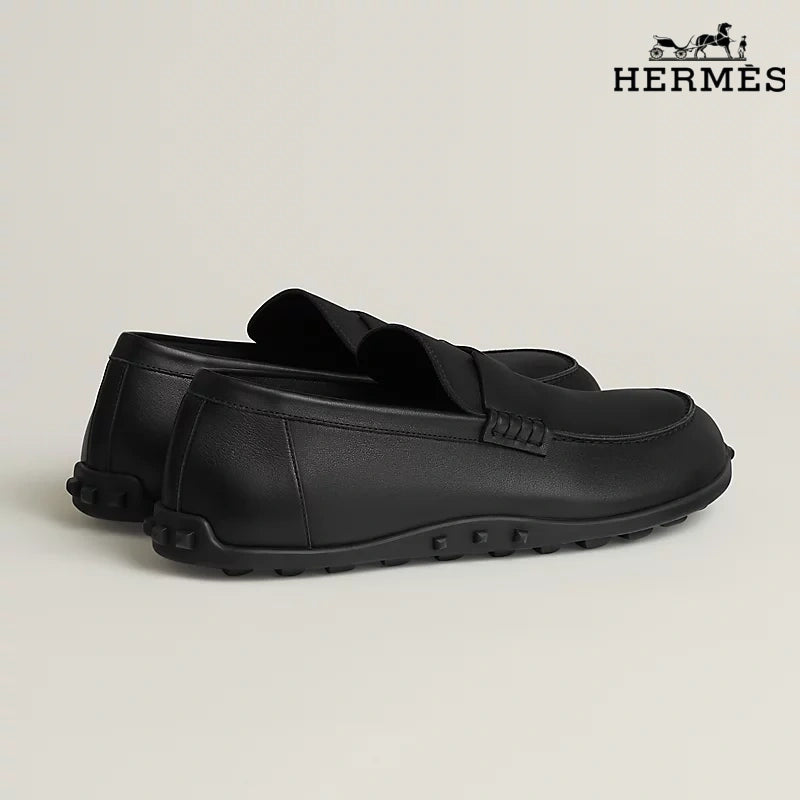 Hermès Black Smooth Leather Driving Loafer with Studded Sole
