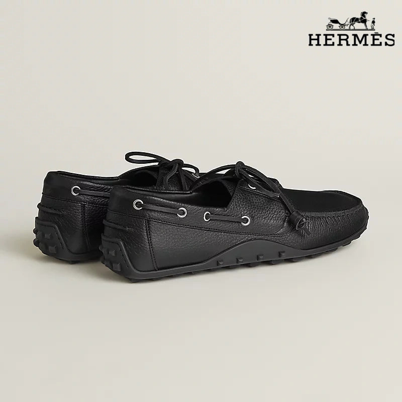 Hermès Black Grained Leather Lace-Up Driving Shoe with Studded Sole