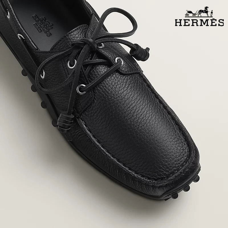 Hermès Black Grained Leather Lace-Up Driving Shoe with Studded Sole
