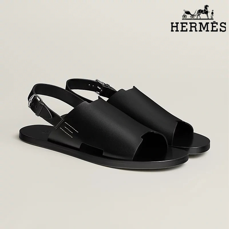 Hermès Black Smooth Leather Slingback Sandals