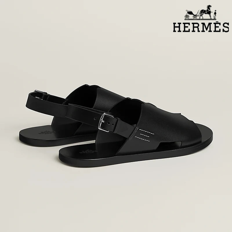 Hermès Black Smooth Leather Slingback Sandals