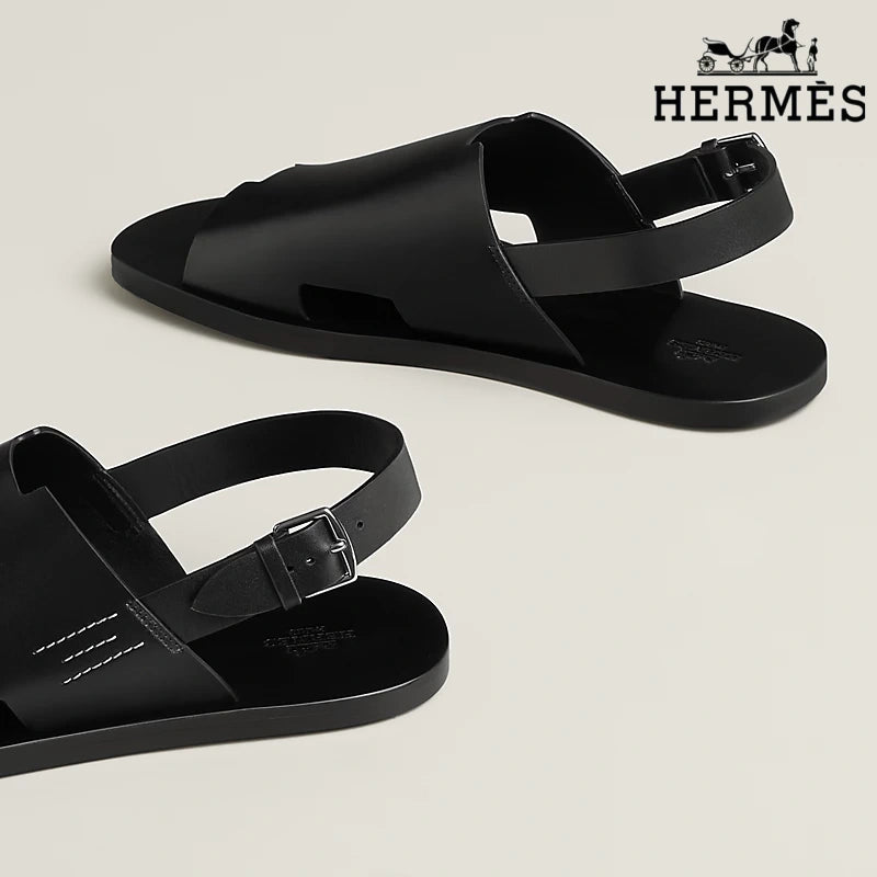 Hermès Black Smooth Leather Slingback Sandals