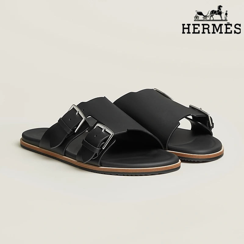 Hermès Beige Suede Slide Sandals with Double Silver Buckles