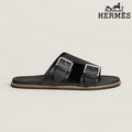 Hermès Beige Suede Slide Sandals with Double Silver Buckles
